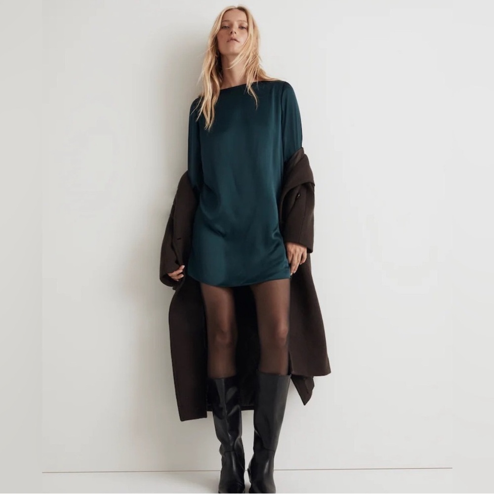 MADEWELL Satin Shift Mini Dress In Smoky Spruce NWT